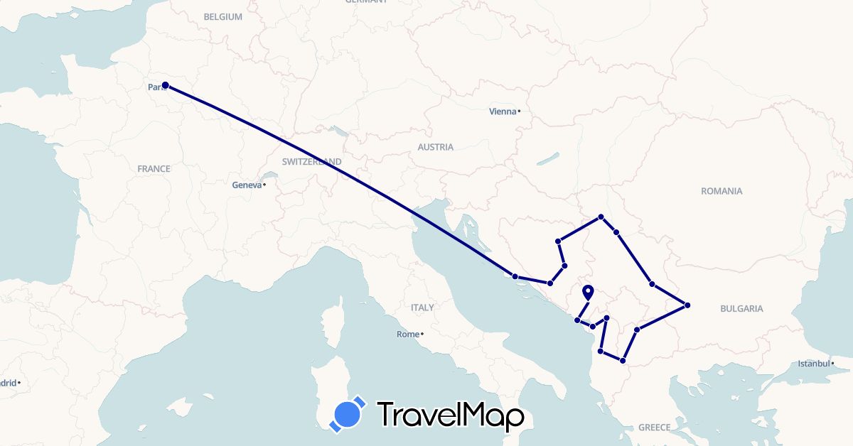 TravelMap itinerary: driving in Albania, Bosnia and Herzegovina, Bulgaria, France, Croatia, Montenegro, Macedonia, Serbia (Europe)